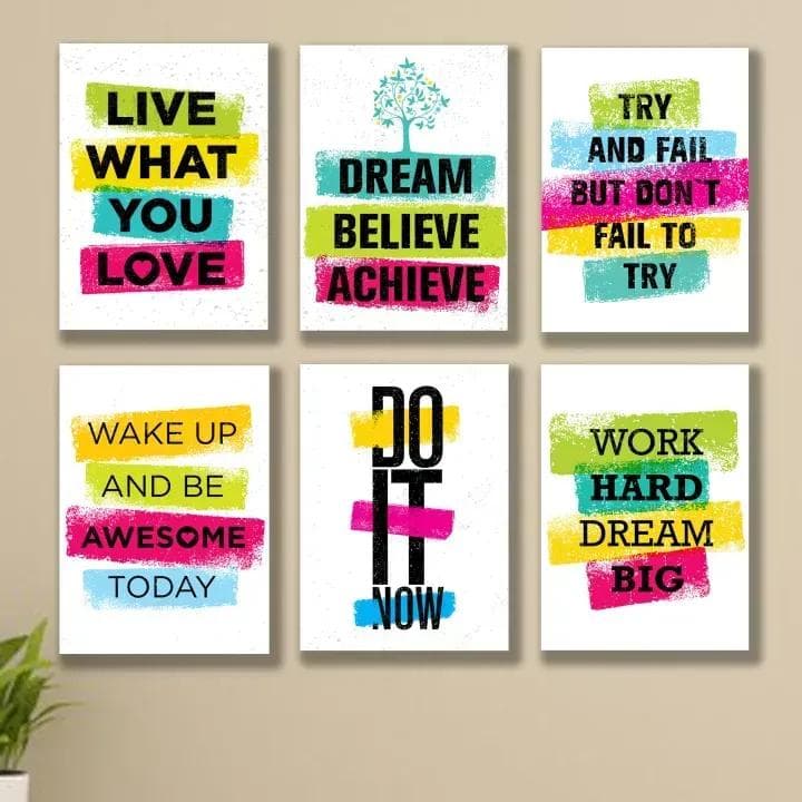 Motivational Wall Art Set of 6 MDF Tiles for Home Office
