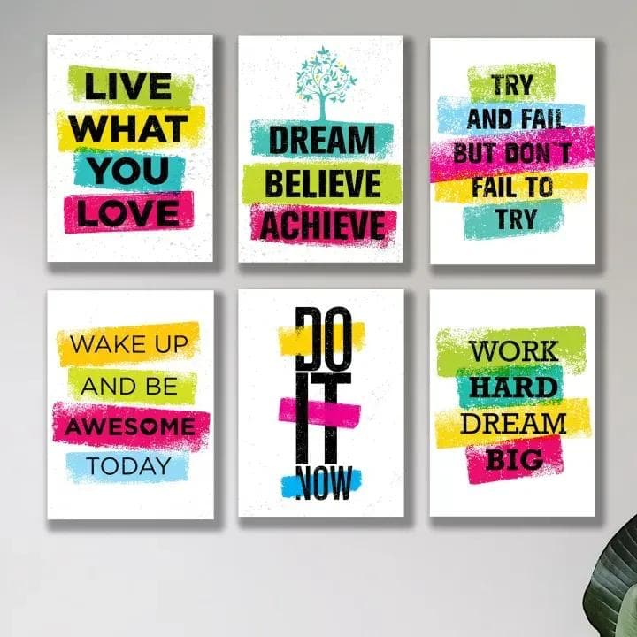 Motivational Wall Art Set of 6 MDF Tiles for Home Office