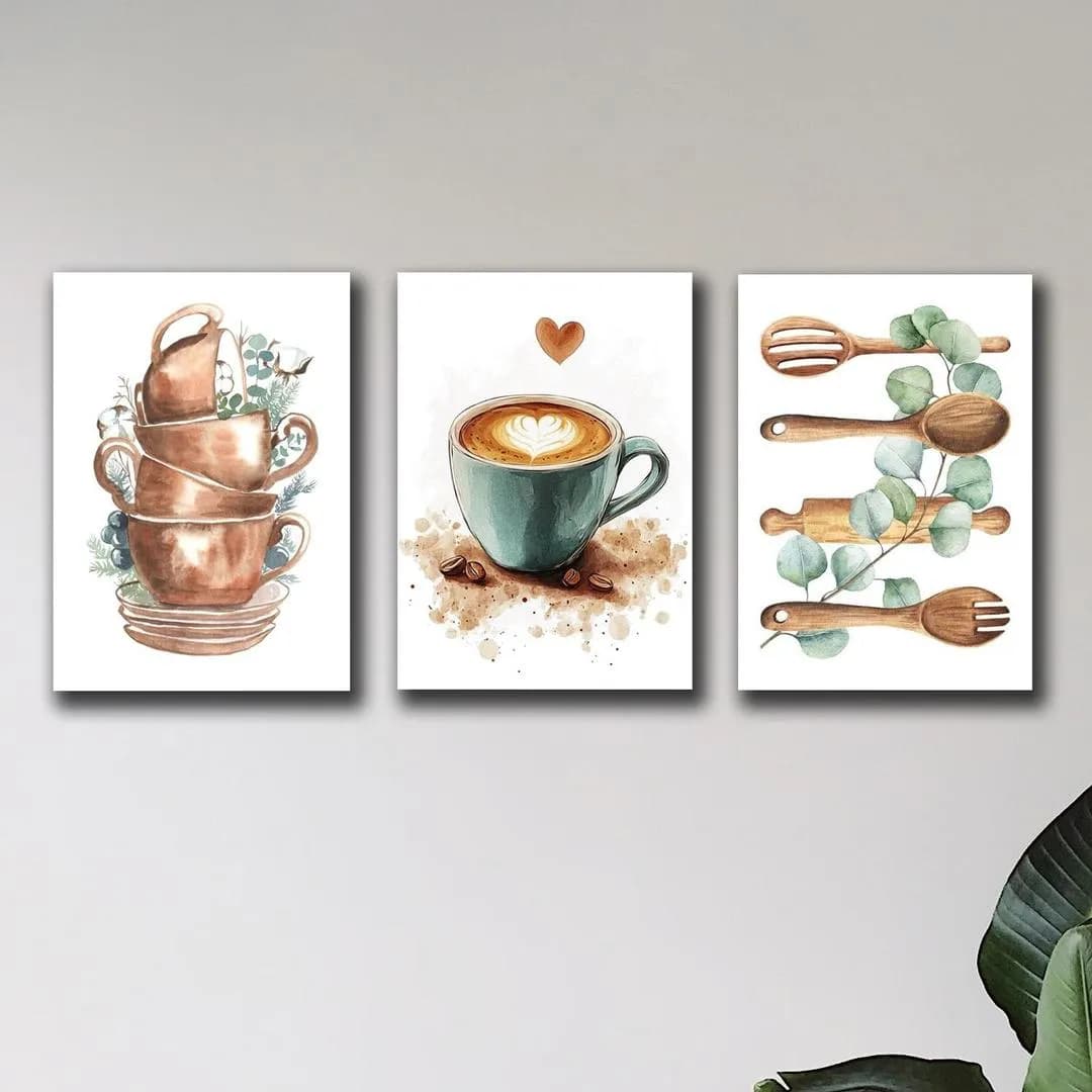 3-Piece Abstract Wall Art Set Coffee Copperware Modern Decor