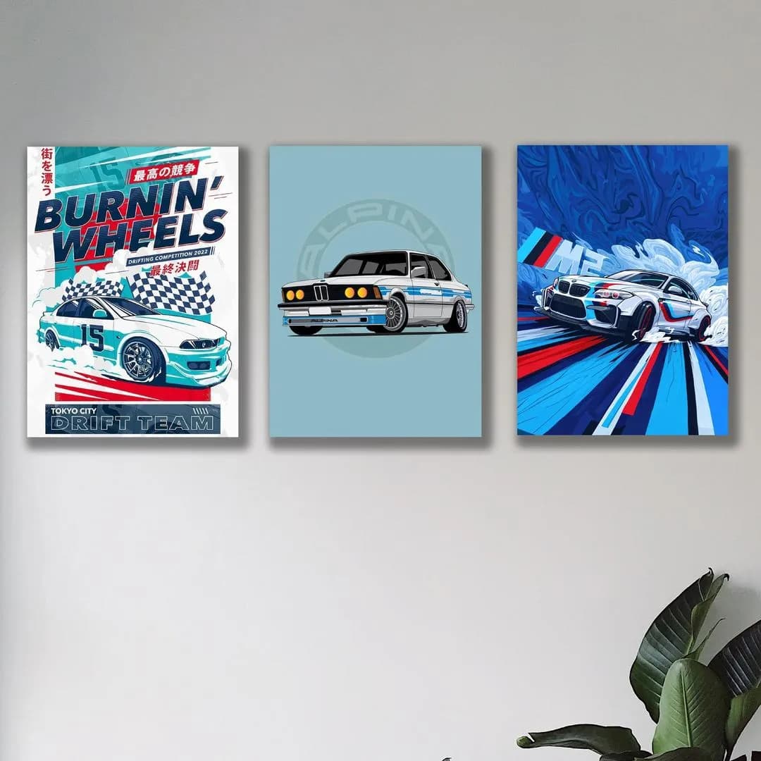 Car Wall Art Tiles Set of 3 MDF Premium Design