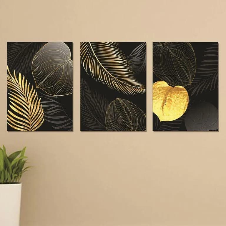 Golden Leaf Wall Art Set 3Pc MDF Black Gold Decor