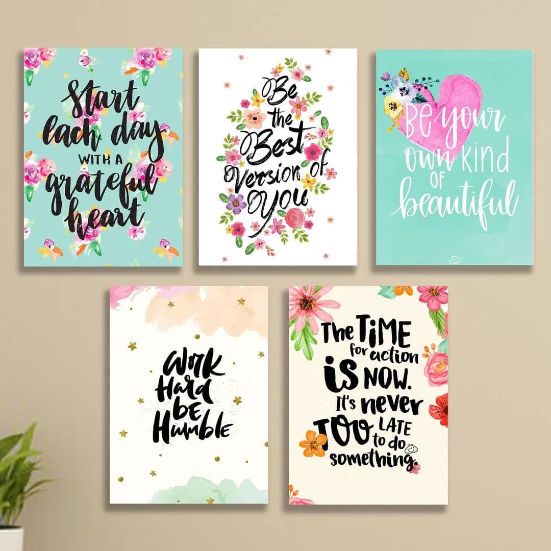 Motivational Floral Wall Art Set 5 Pcs MDF 8x11