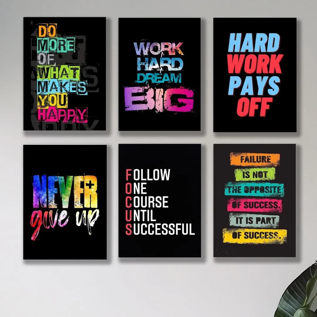 Motivational Wall Art Set of 6 MDF Tiles Black Background