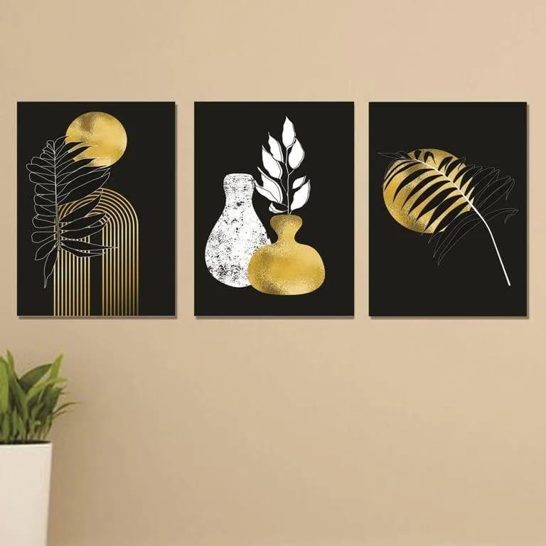3-Piece Gold Leaf Wall Art Set Black Background