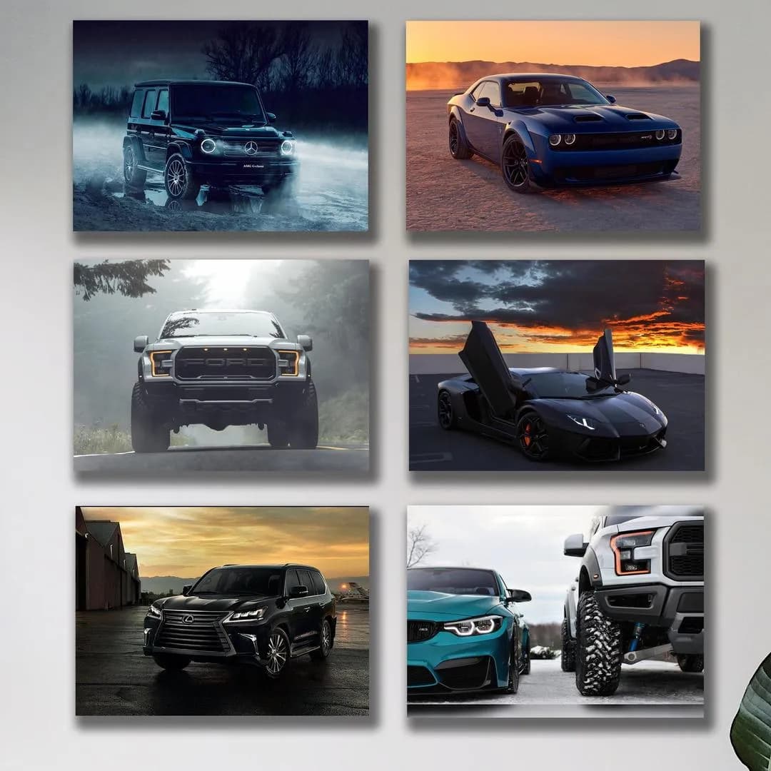 Set of 6 Cars Wall Art Frames for Home Office Decor
