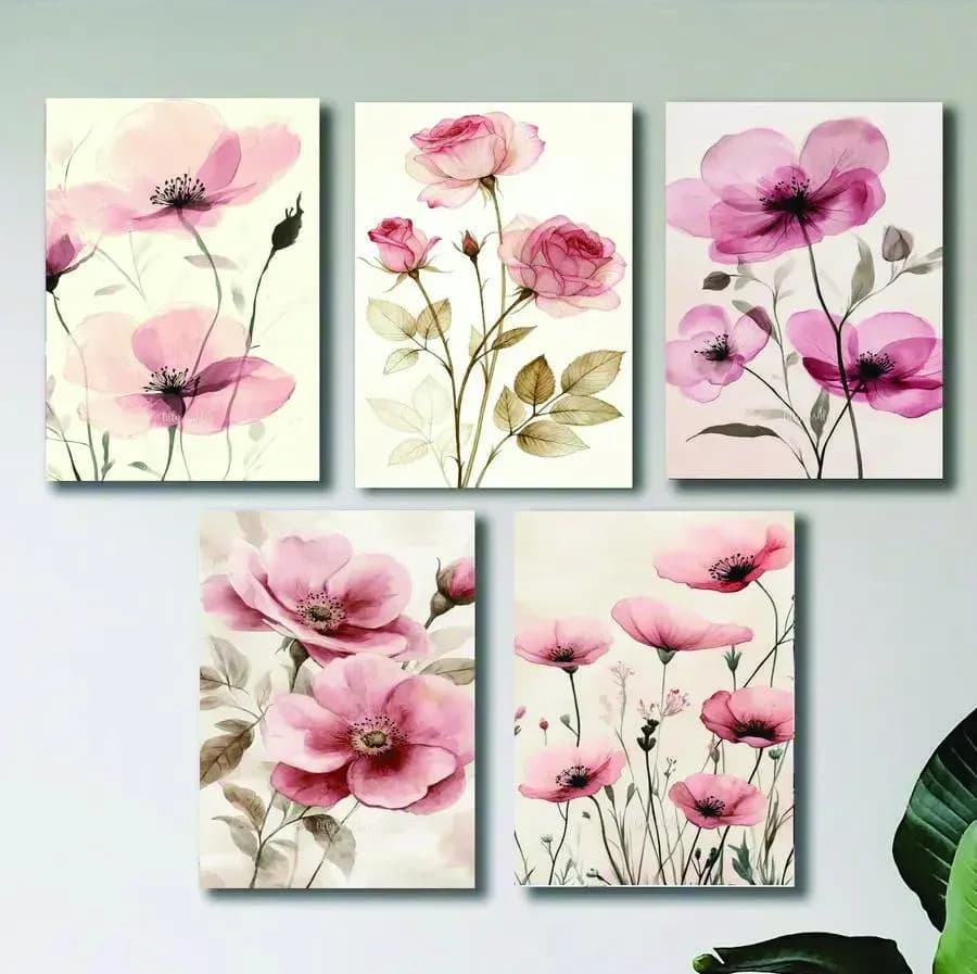 5 Pcs Pink Floral Wall Art Set 8x11 Inch