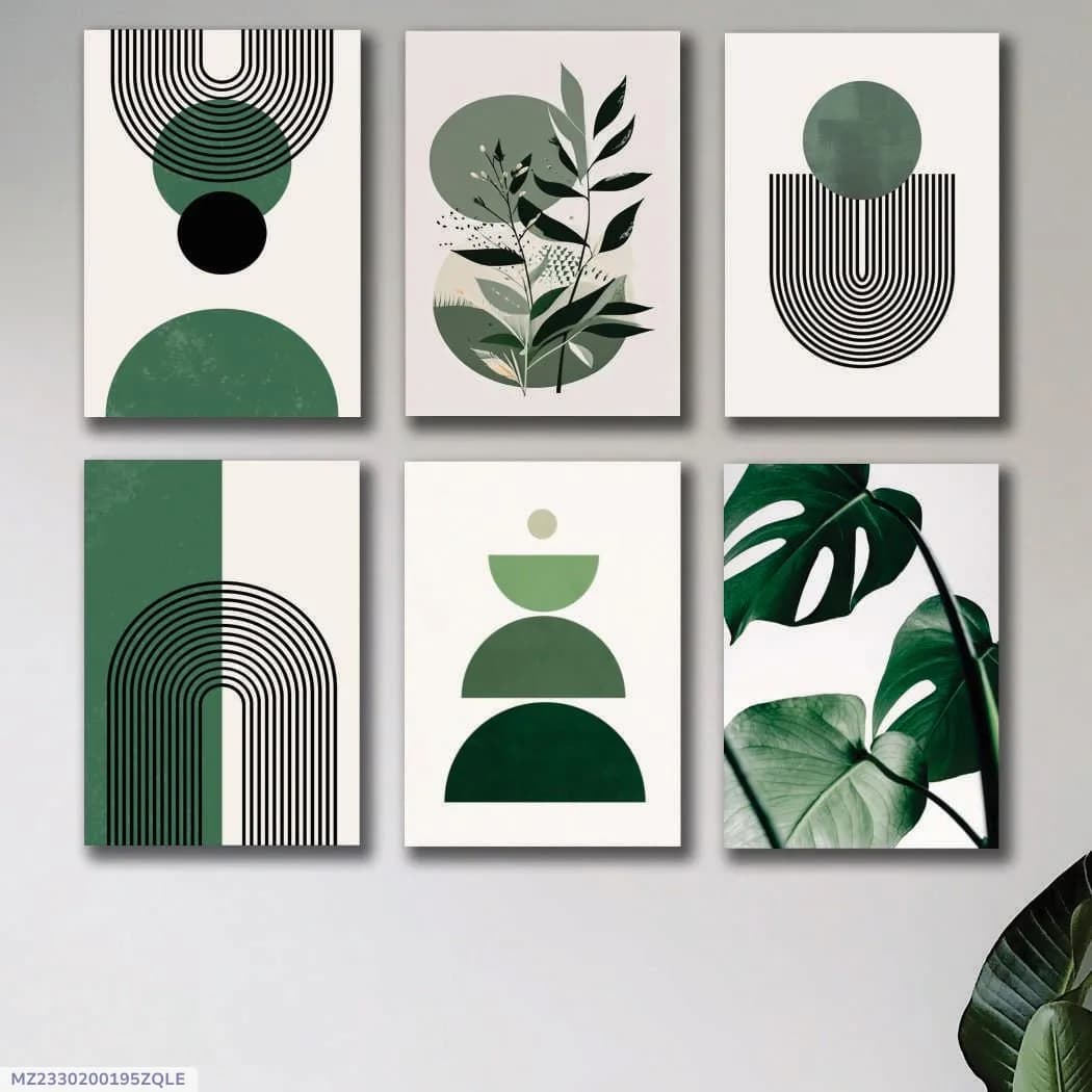 Abstract Green Leaf Wall Art Set 6Pcs 8x11 Inch