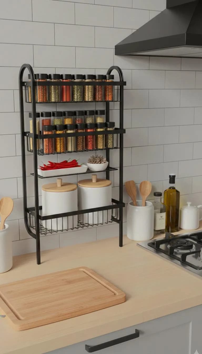 3-Tier Stainless Steel Spice Rack Black Kitchen Storage