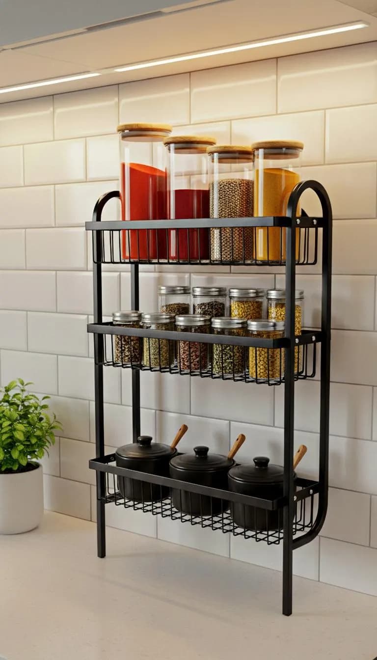 3-Tier Stainless Steel Spice Rack Black Kitchen Storage