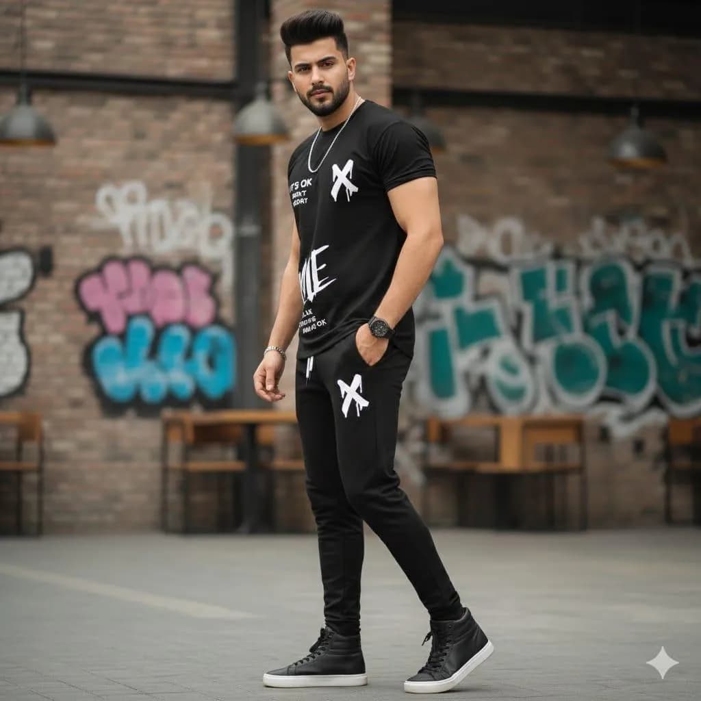 Men Printed Black Track Suit Summer Sale S to XL