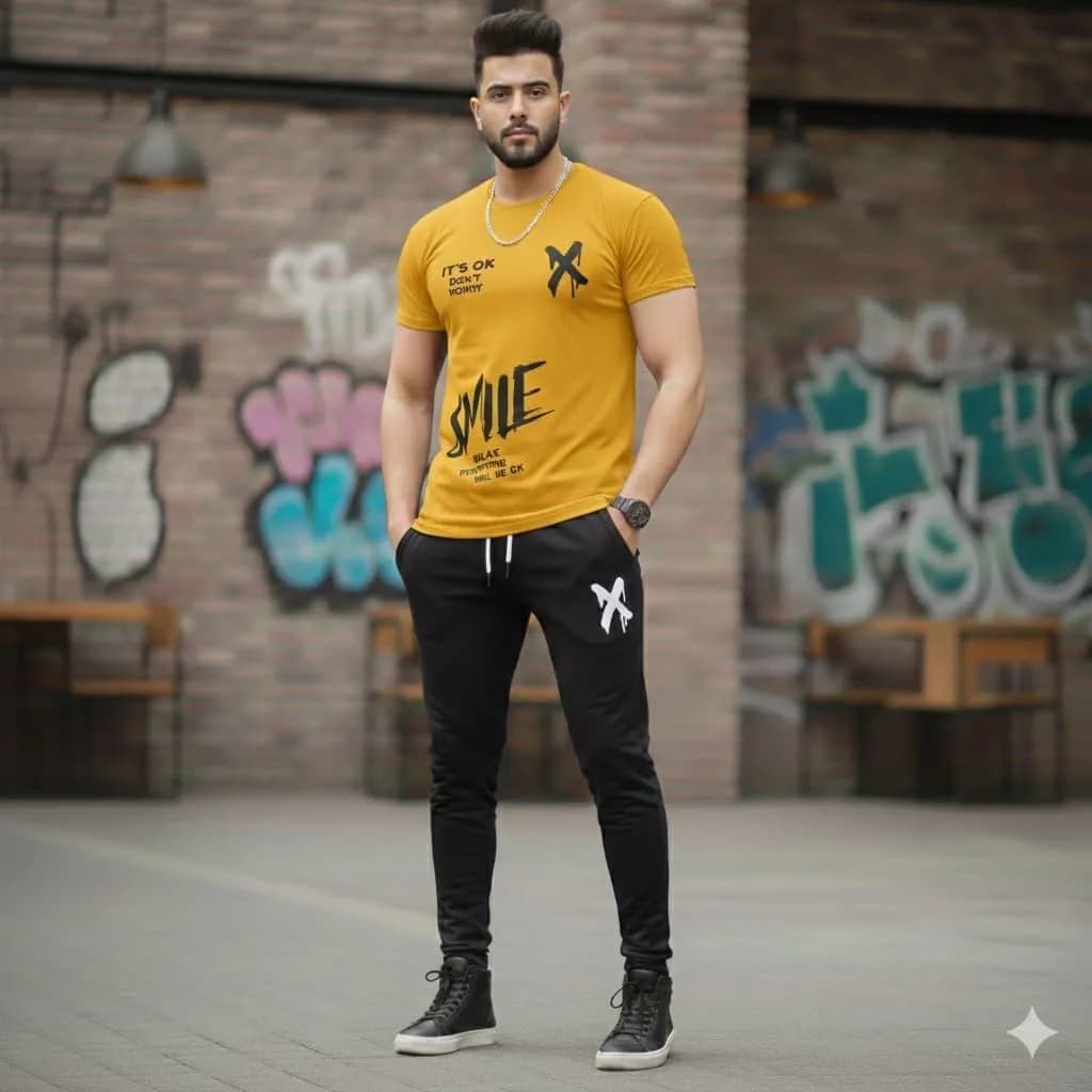 Men Printed Track Suit Yellow Black Polyester Summer Wear