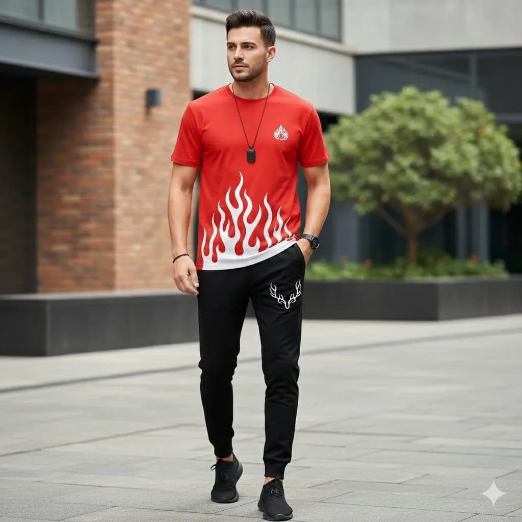 Men Flame Print Red Black Track Suit Summer 28"
