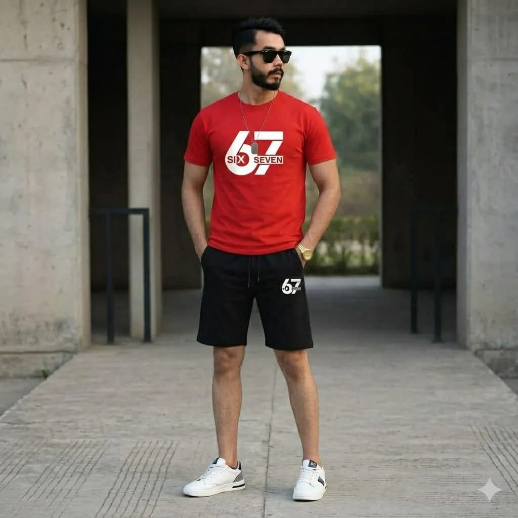2 Pcs Men's Polyester Printed T-Shirt & Shorts Tracksuit