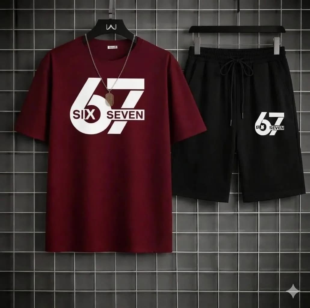 Men 2-Piece 67 Brand T-Shirt & Shorts Set Maroon Black