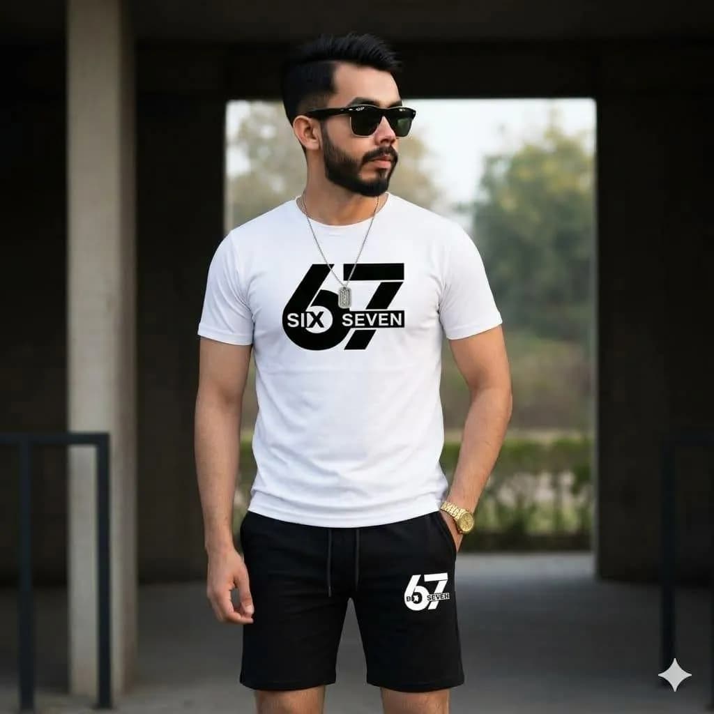 2 Pcs Men's Polyester Printed T-Shirt & Shorts Tracksuit