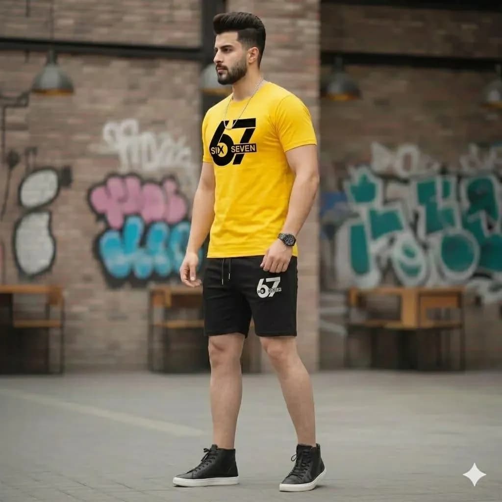 2 Pcs Men's Polyester Printed T-Shirt & Shorts Tracksuit