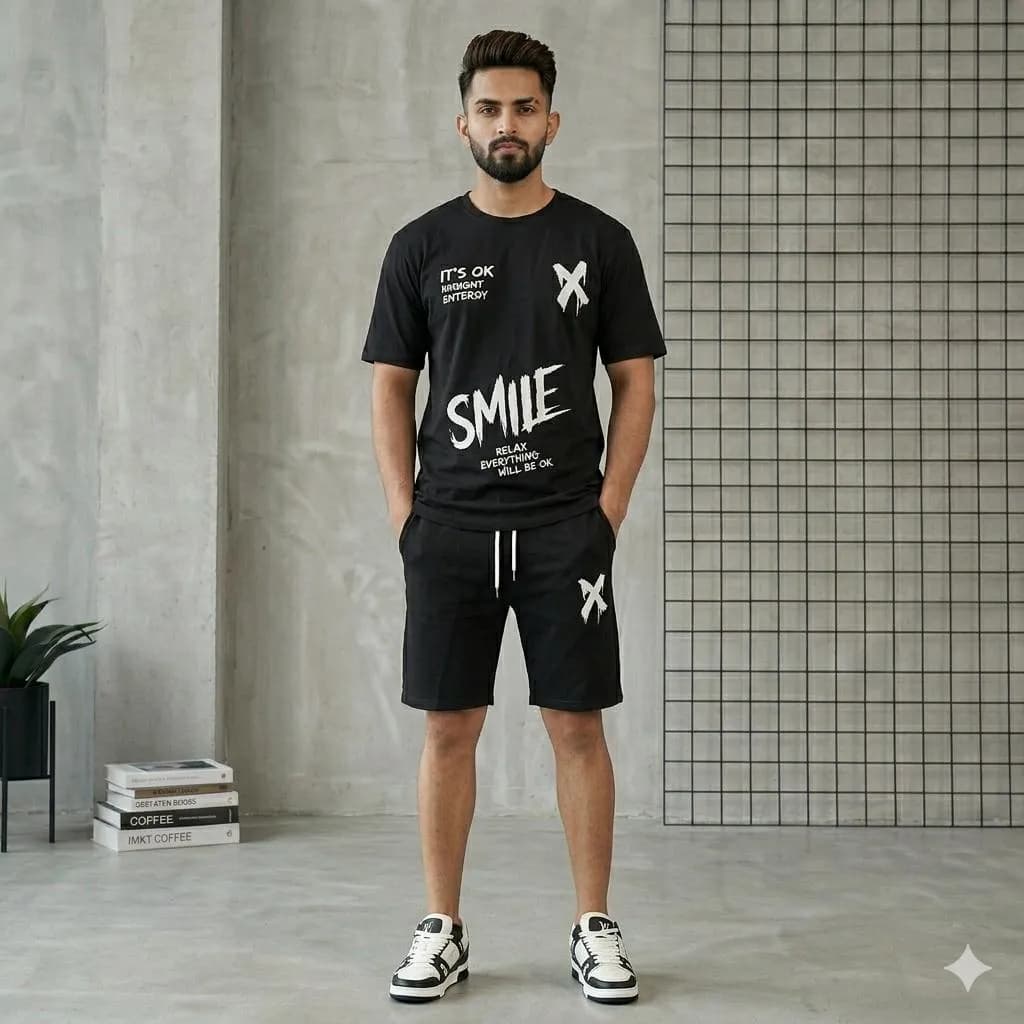 2 Pcs Men's Polyester Printed T-Shirt & Shorts Tracksuit