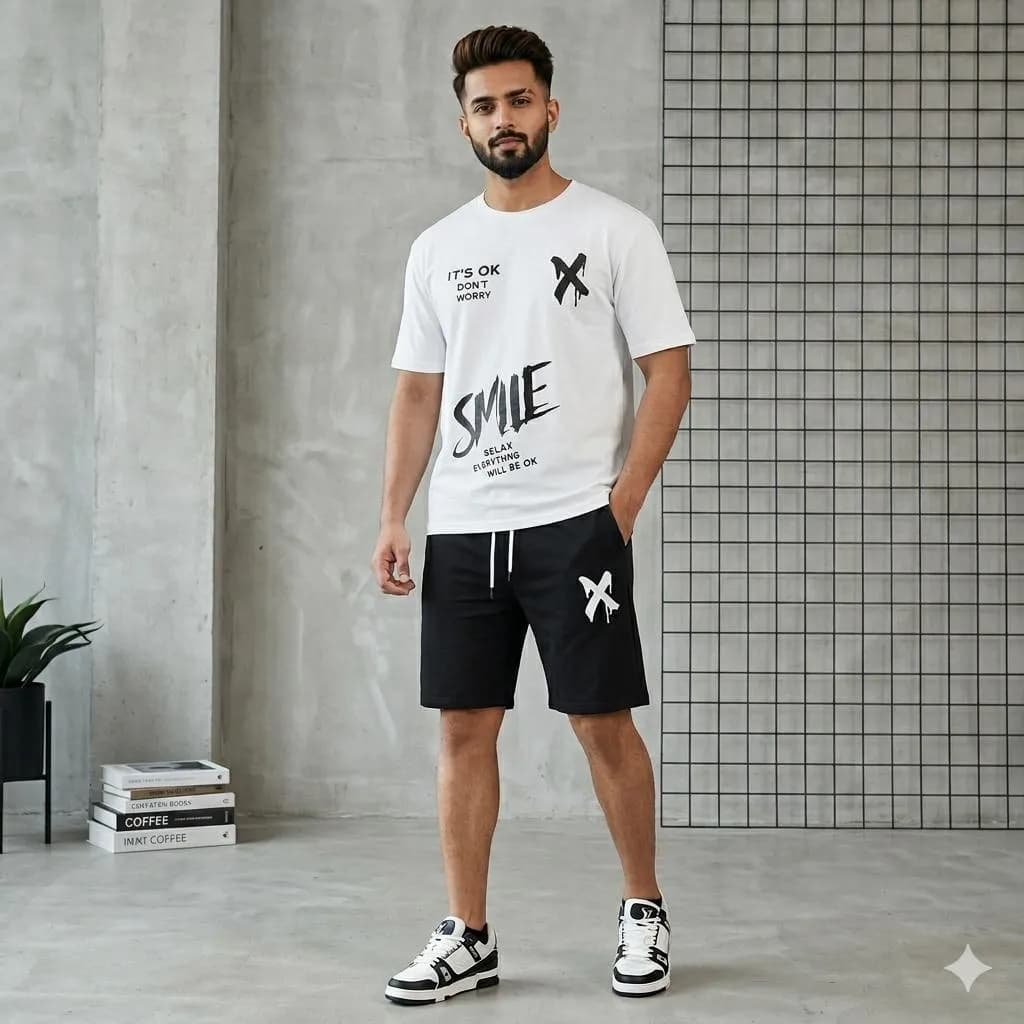 2 Pcs Men's Polyester Printed T-Shirt & Shorts Tracksuit