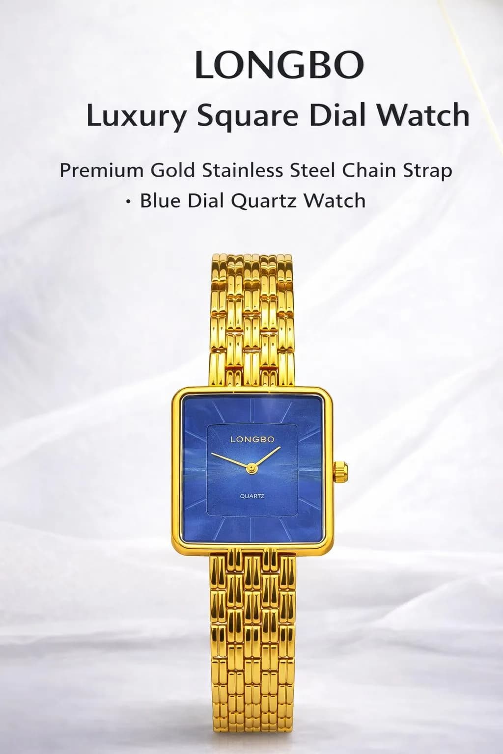 Longbo Luxury Square Dial Watch Gold Stainless Steel Blue Quartz