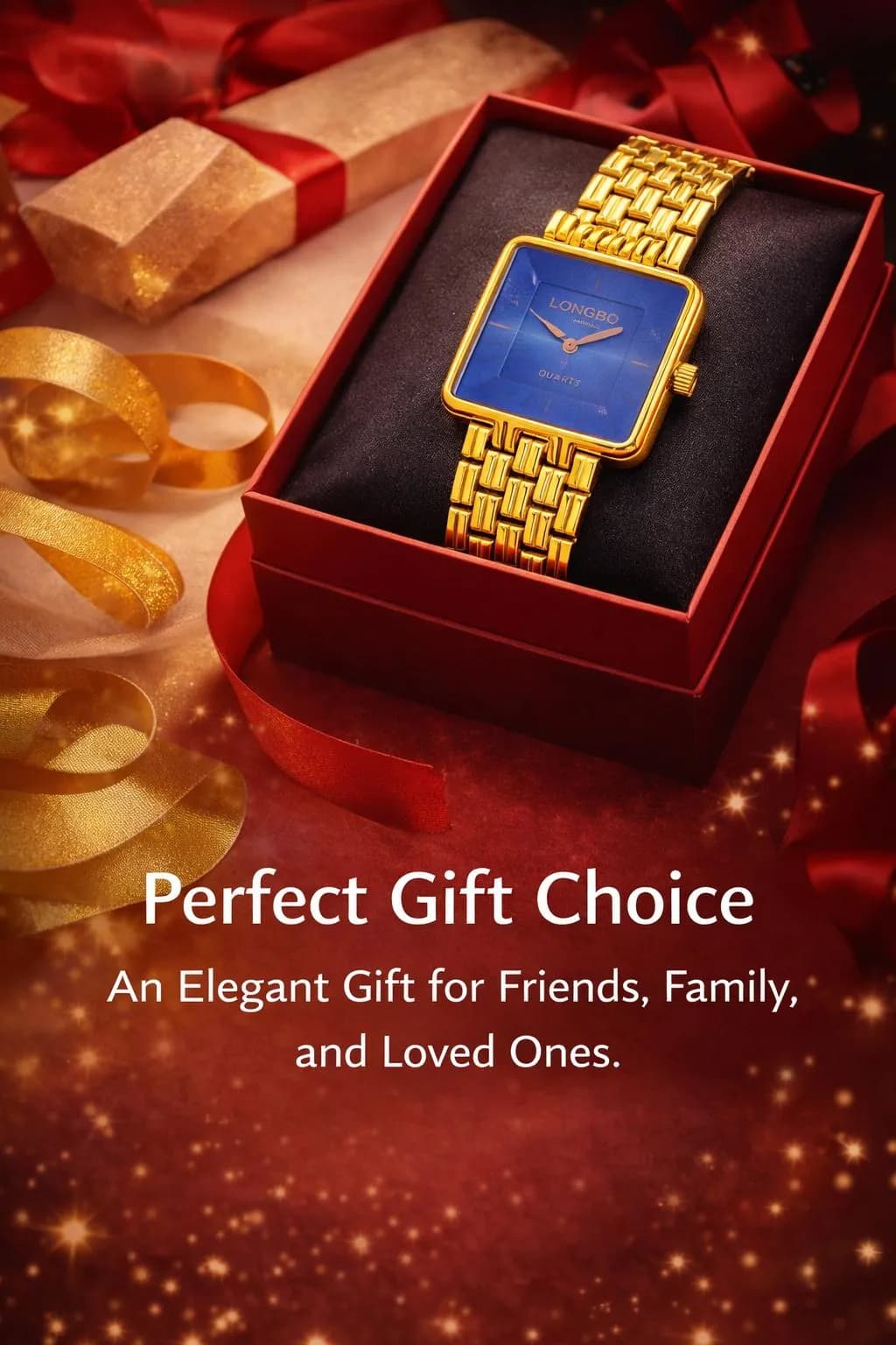 Longbo Luxury Square Dial Watch Gold Stainless Steel Blue Quartz