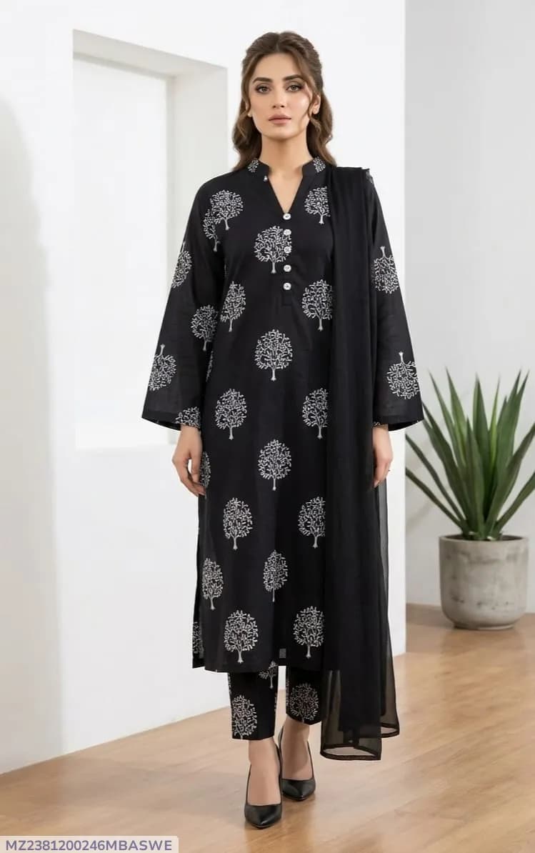 3Pcs Women's Stitched Arabic Lawn Block Printed Suit with mirror neck style