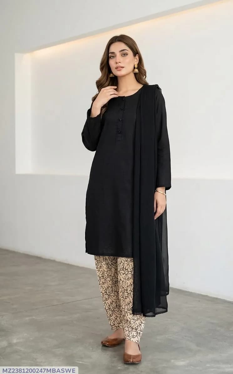 3Pcs Women's Stitched Arabic Lawn Block Printed Suit