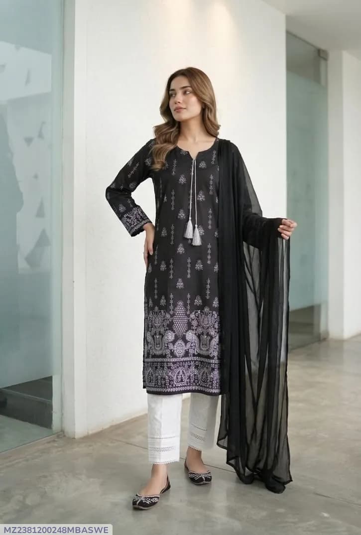 3Pcs Women's Stitched Arabic Lawn Block Printed Suit