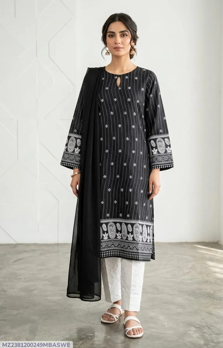 3Pcs Women's Stitched Arabic Lawn Block Printed Suit