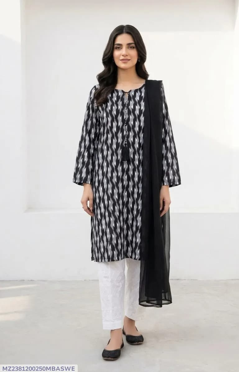 3Pcs Women's Stitched Arabic Lawn Block Printed Suit