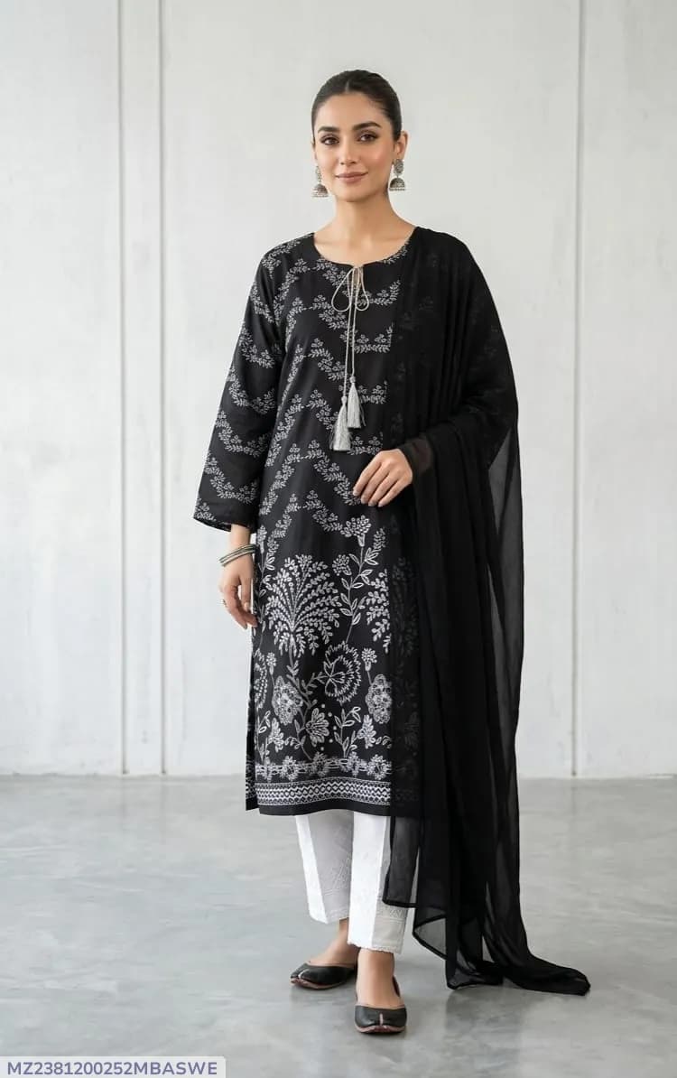 3Pcs Women's Stitched Arabic Lawn Block Printed Suit