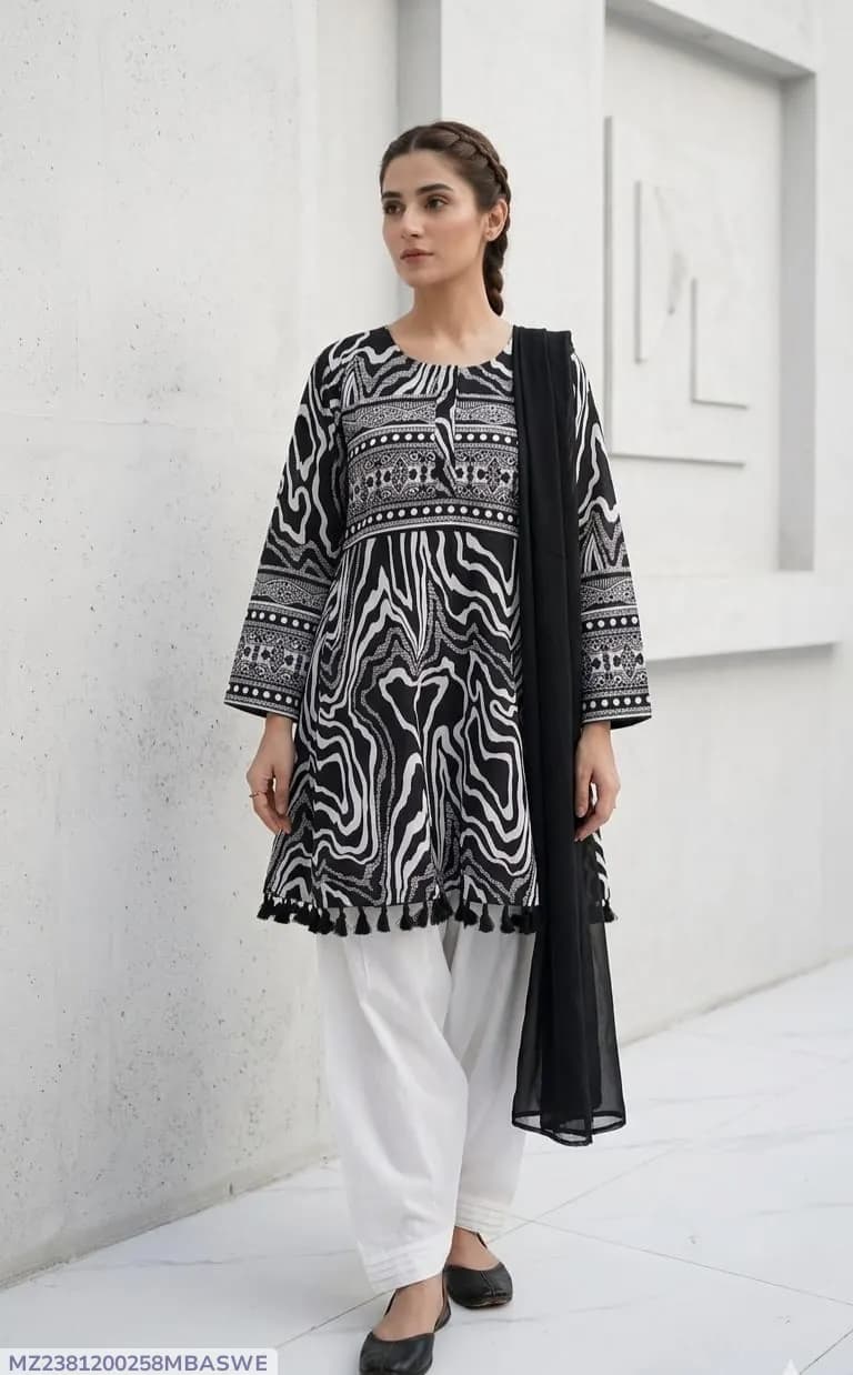3Pcs Women's Stitched Lawn Digital Print Suit with Lace work short Frock and Shalwar