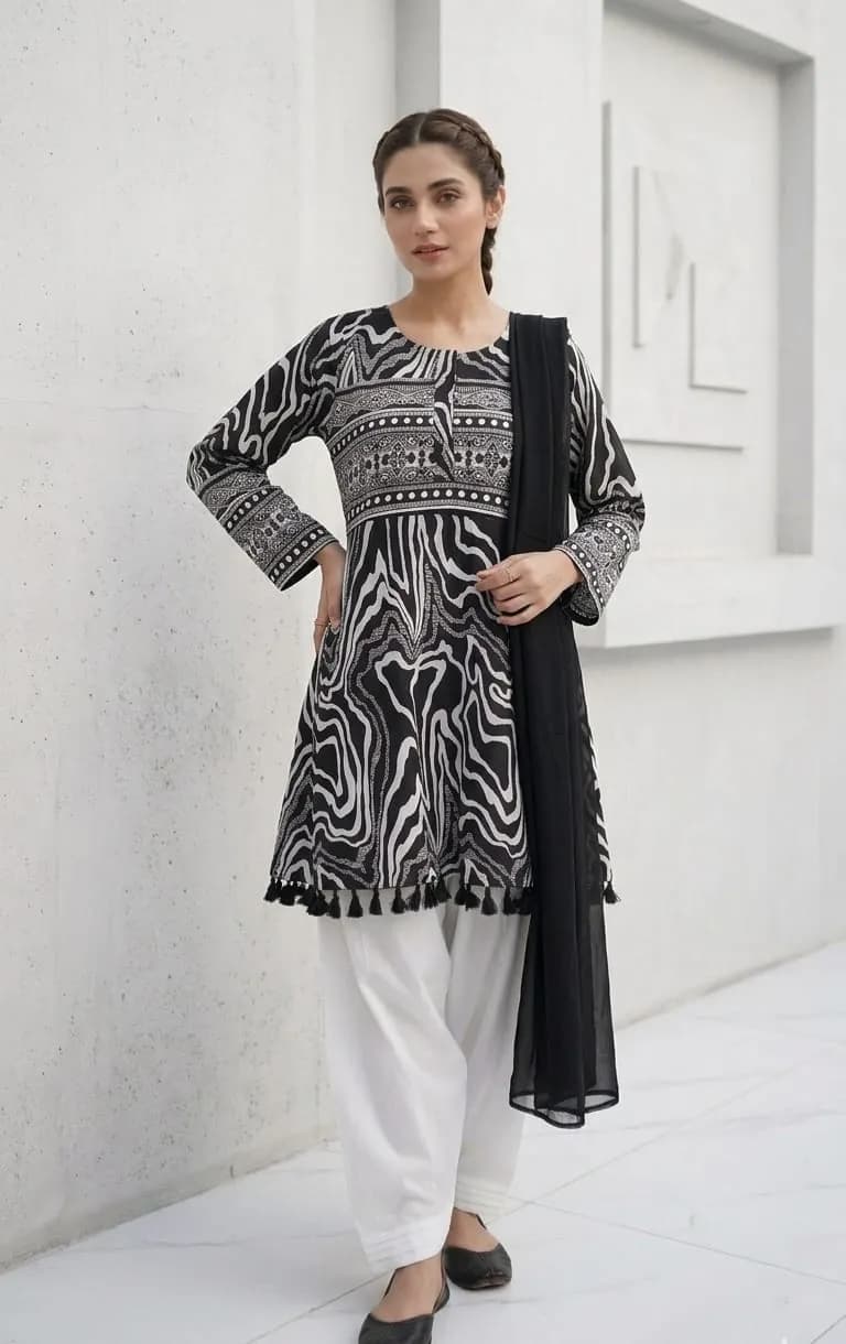 3Pcs Women's Stitched Lawn Digital Print Suit with Lace work short Frock and Shalwar