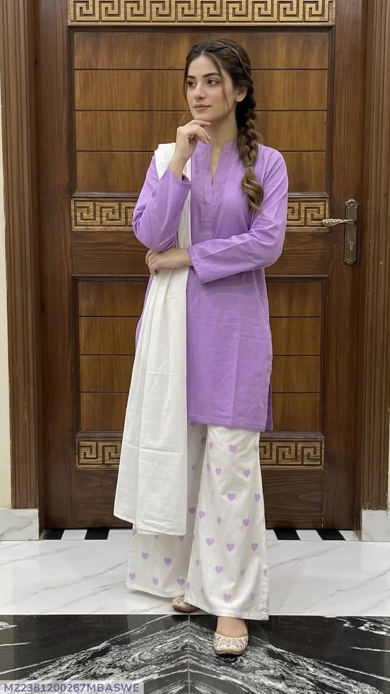 3Pcs Women's Stitched Cotton Lawn Block Printed Suit Viral Heart Printed with Lace