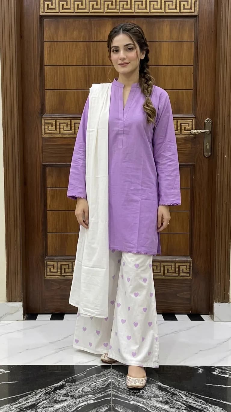 3Pcs Women's Stitched Cotton Lawn Block Printed Suit Viral Heart Printed with Lace