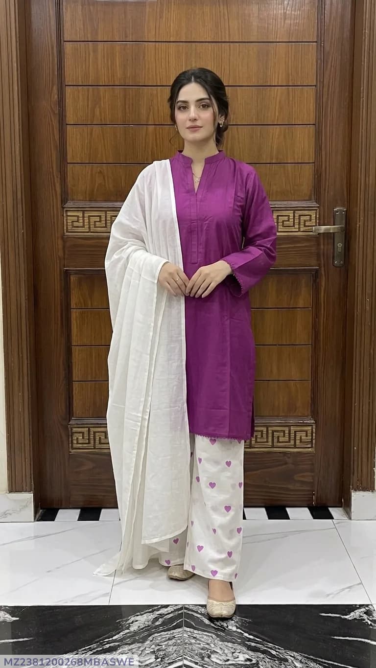 3Pcs Women's Stitched Cotton Lawn Block Printed Suit Viral Heart Printed with Lace