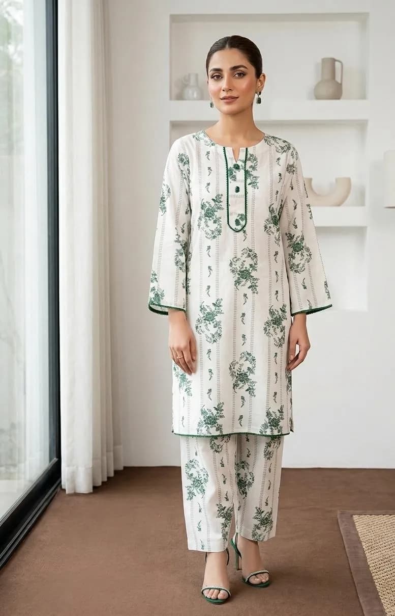 White Printed Arabic Lawn Kurta Set for Women 2 Pcs