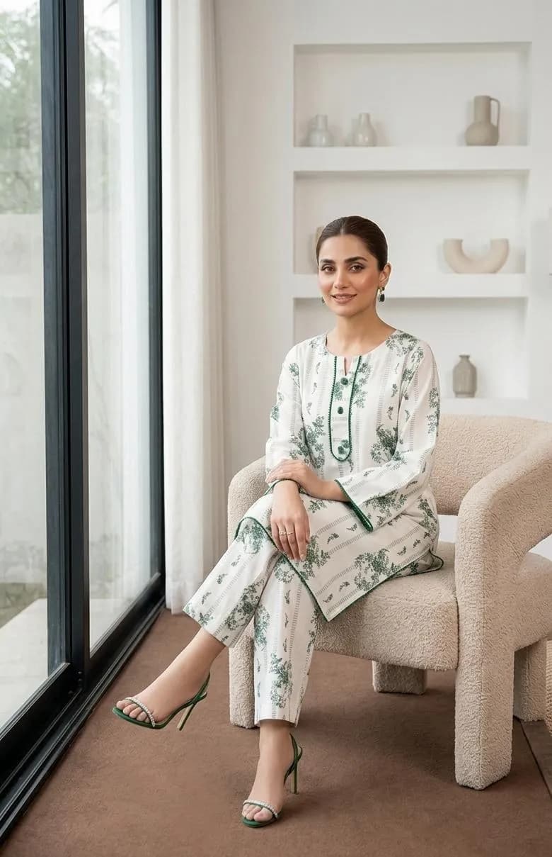 White Printed Arabic Lawn Kurta Set for Women 2 Pcs