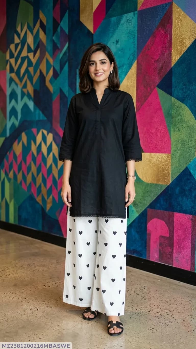 2Pcs Women's Stitched Cotton Lawn Block Printed Shirt And Flapper Viral Heart Printed
