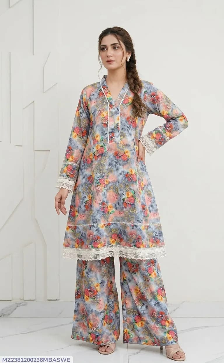 2Pcs Women's Stitched Lawn Digital Print Frock And Trouser with Milky Lace (Hajra)