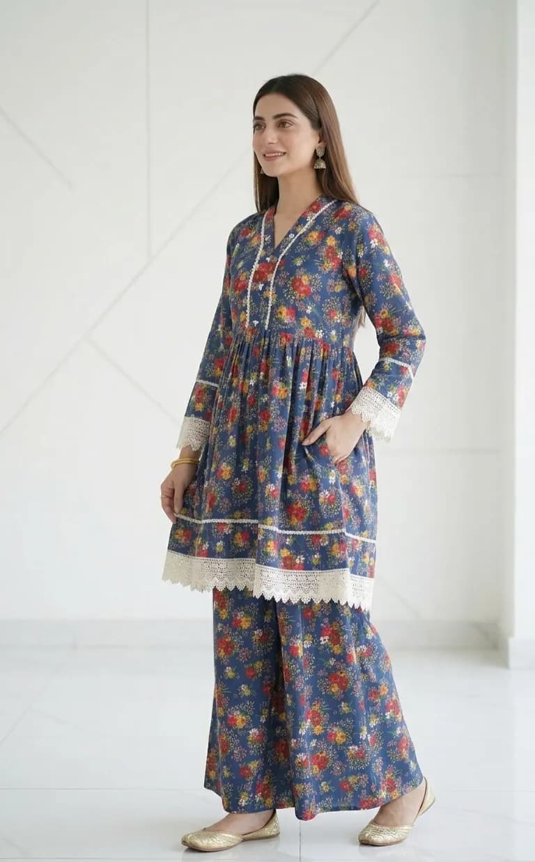 2Pcs Women's Stitched Lawn Digital Print Frock And Trouser with Milky Lace (Hajra sh)