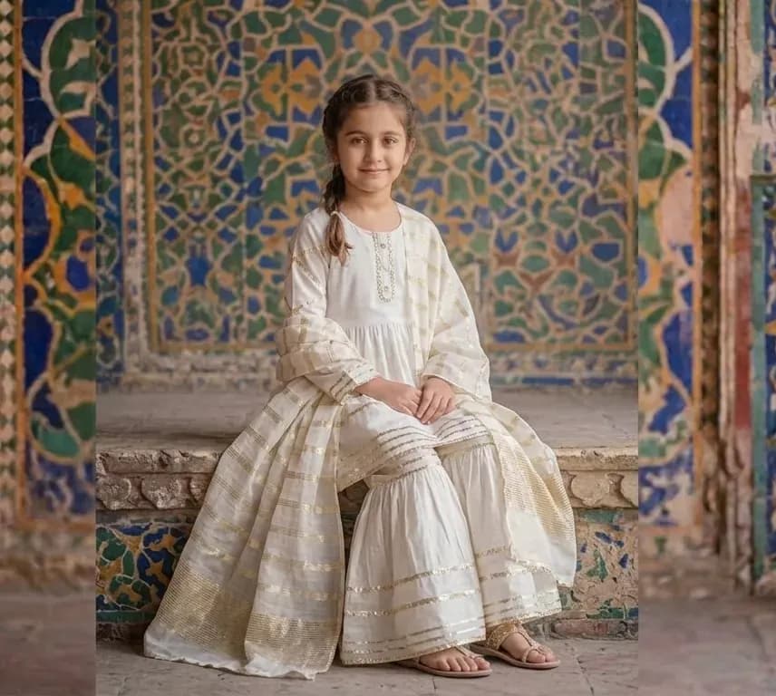 Girls White Embroidered Lawn Kurta Set 3 Pcs