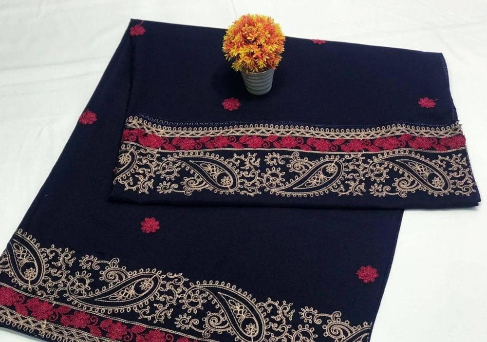 Swiss Lawn Shawl Navy Red Gold Embroidery