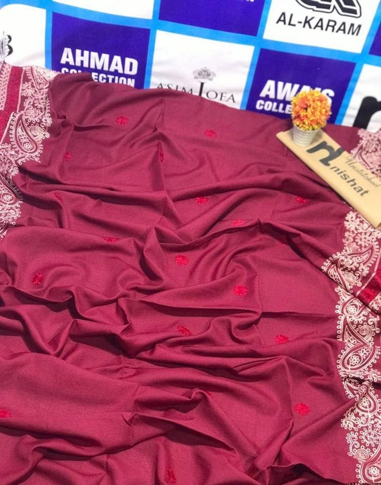 Women Swiss Lawn Embroidered Shawl Burgundy Formal
