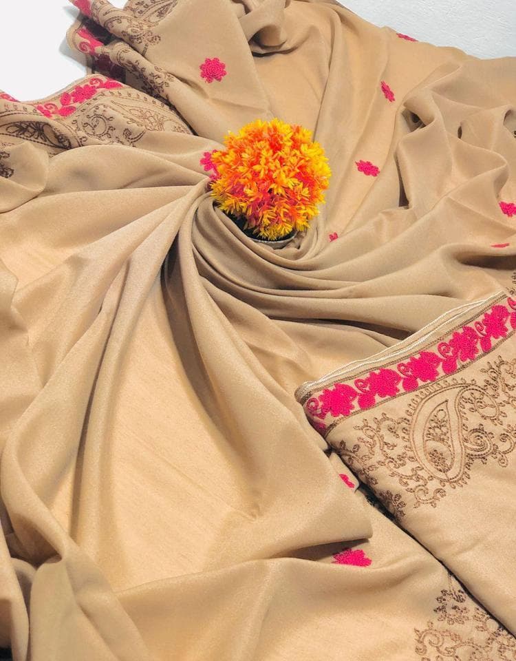 Women's Swiss Lawn Embroidered Shawl Beige with Red Floral Design