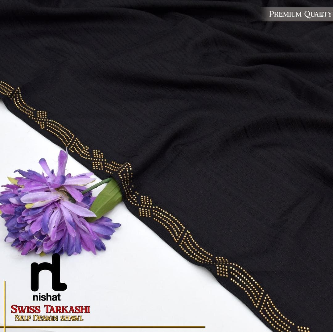 Black Swiss Lawn Shawl with Gold Embroidery for Women