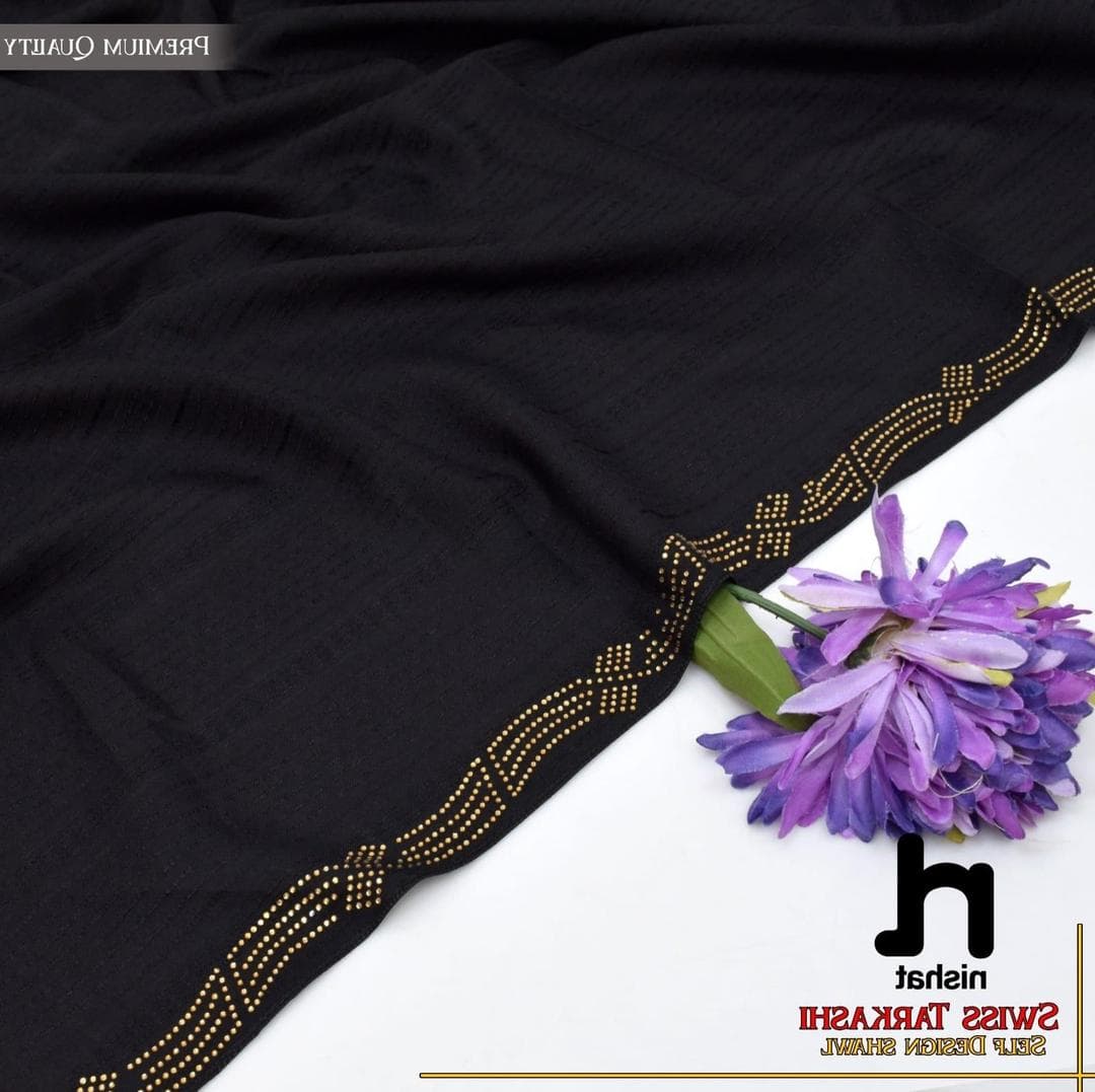 Black Swiss Lawn Shawl with Gold Embroidery for Women