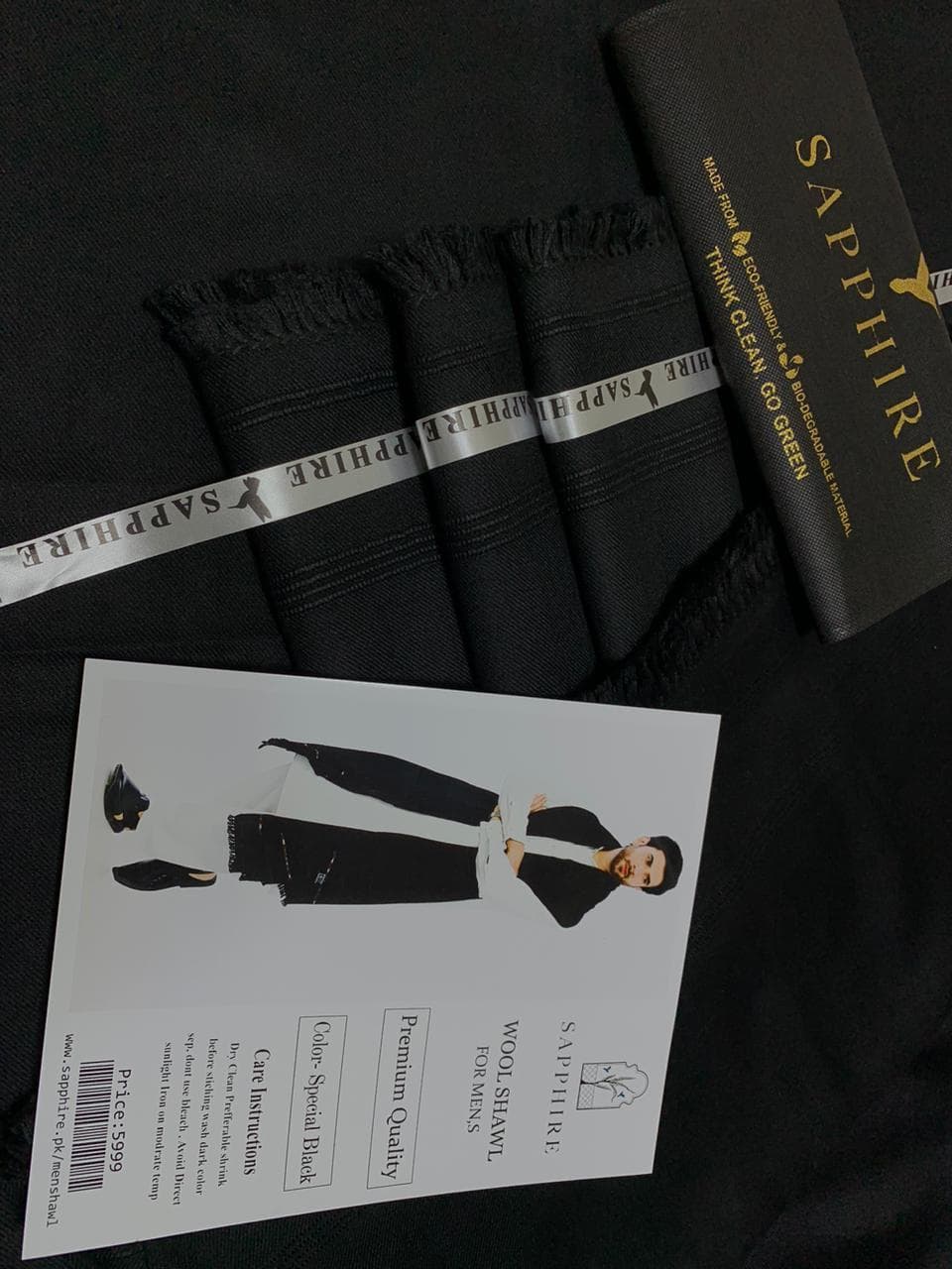 Men's Pure Wool Shawl Black Winter Warm Gift Bag