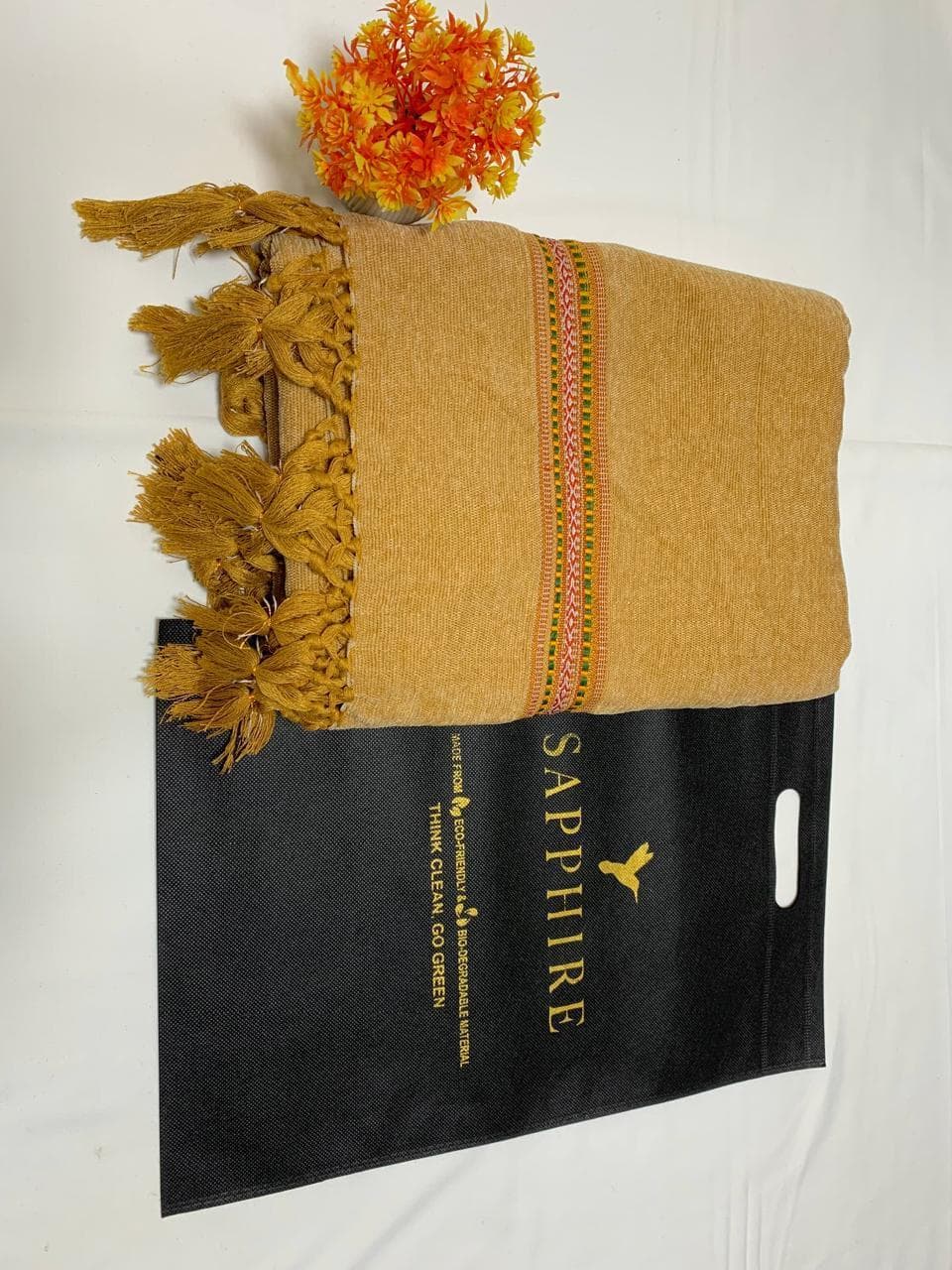 Men Velvet Shawl Mustard Tassel Trim Winter Warm