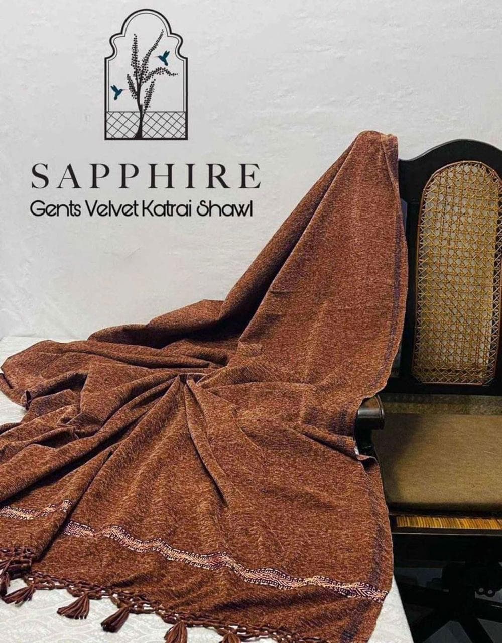 Sapphire Gents Velvet Shawl Brown Embroidered Tassels