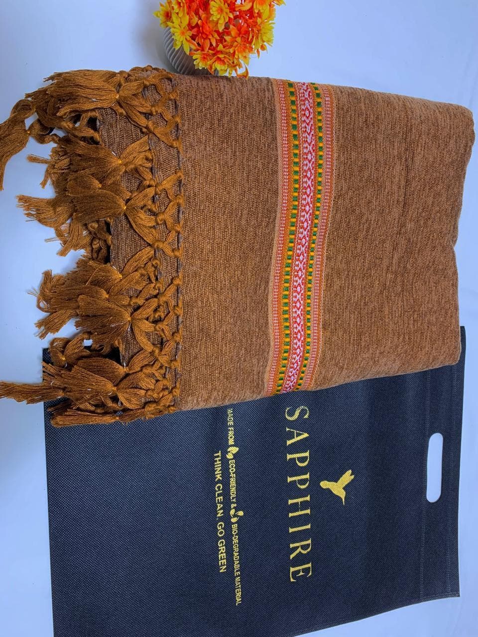 Sapphire Gents Velvet Shawl Brown Embroidered Tassels